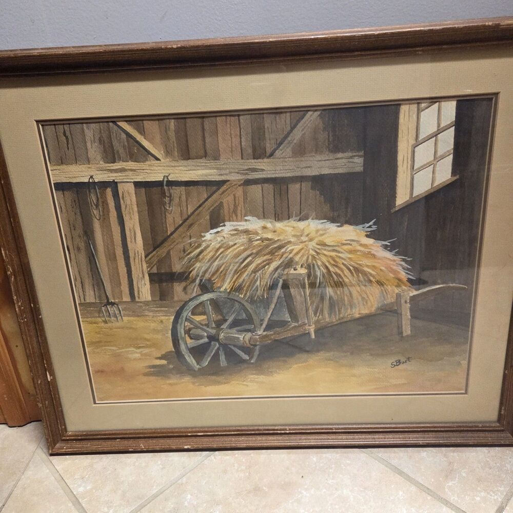 Vintage S. Burt Original Watercolor Painting - Rustic Barn Interior w/ Hay...